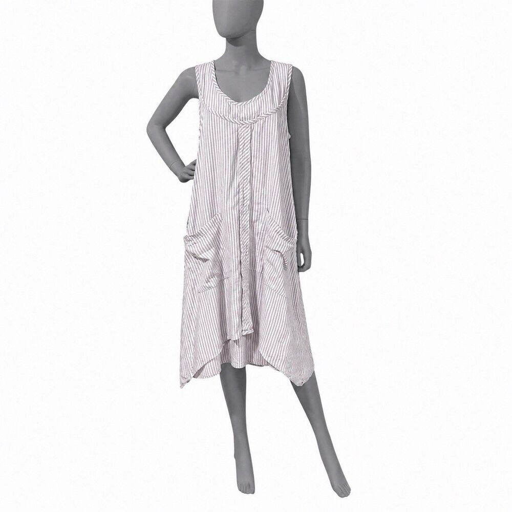 Tulip Brand Striped Layered Cotton Dress L Sleeveless Pockets Farmhouse Lagen